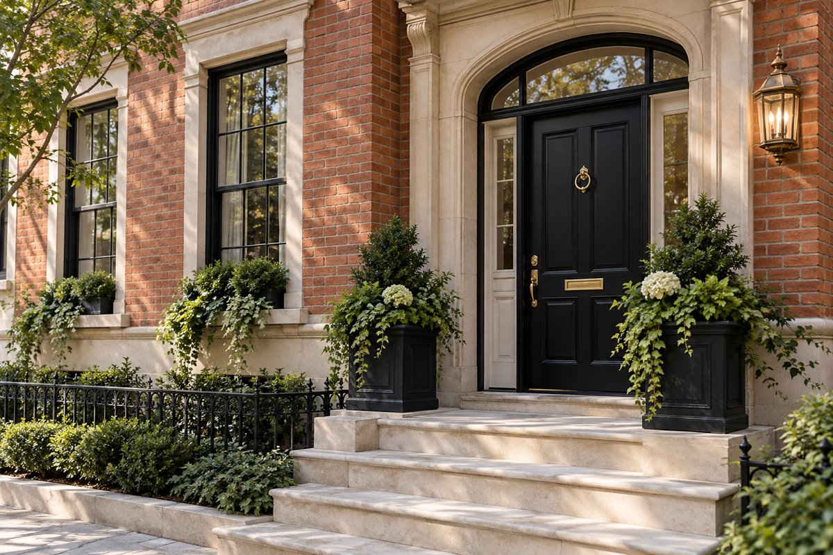 An inviting townhouse entrance with greenery and a warm lantern